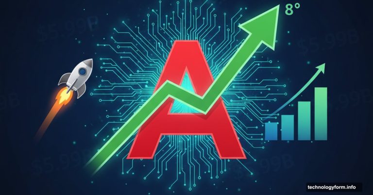 Adobe logo with upward stock arrow and AI circuits showing revenue growth