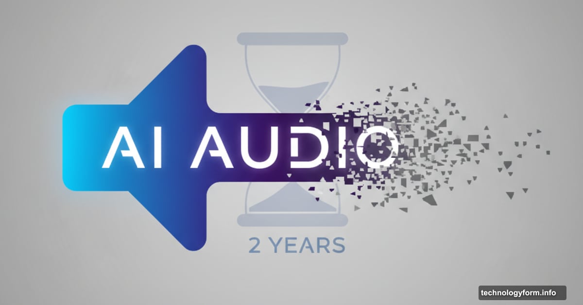 AI audio waveform dissolving with two-year countdown and multi-modal icons