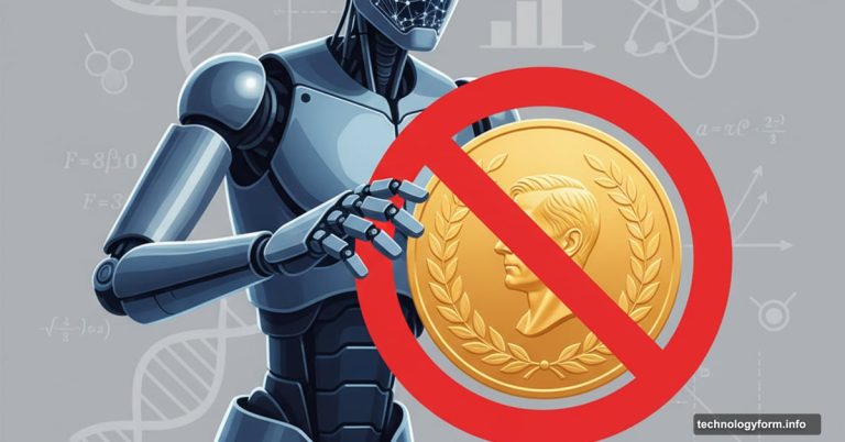 Nobel Prize medal with prohibition symbol blocking AI robot from reaching it