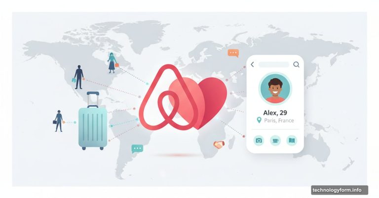 Airbnb logo merging with heart and traveler profiles symbolizing social connections