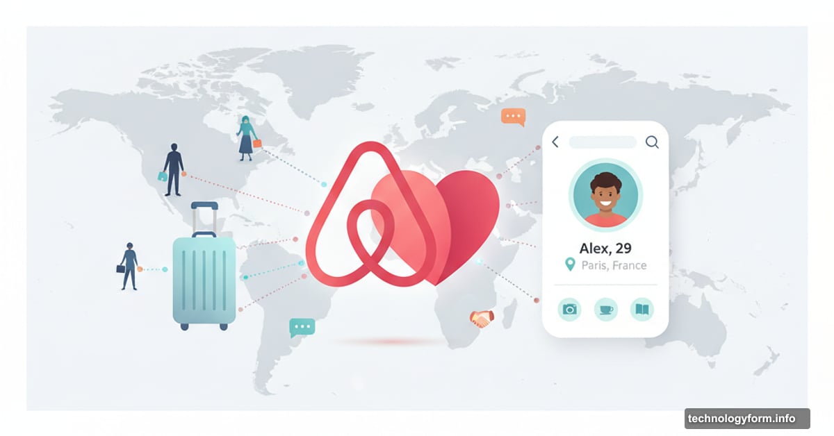 Airbnb logo merging with heart and traveler profiles symbolizing social connections