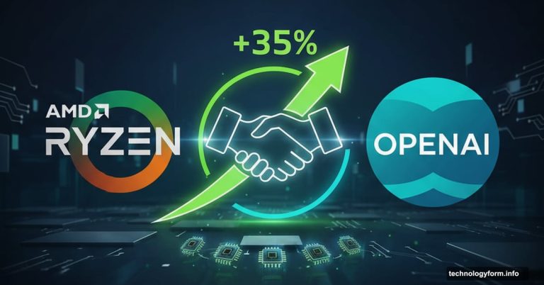 AMD and OpenAI logos connected showing massive chip partnership deal