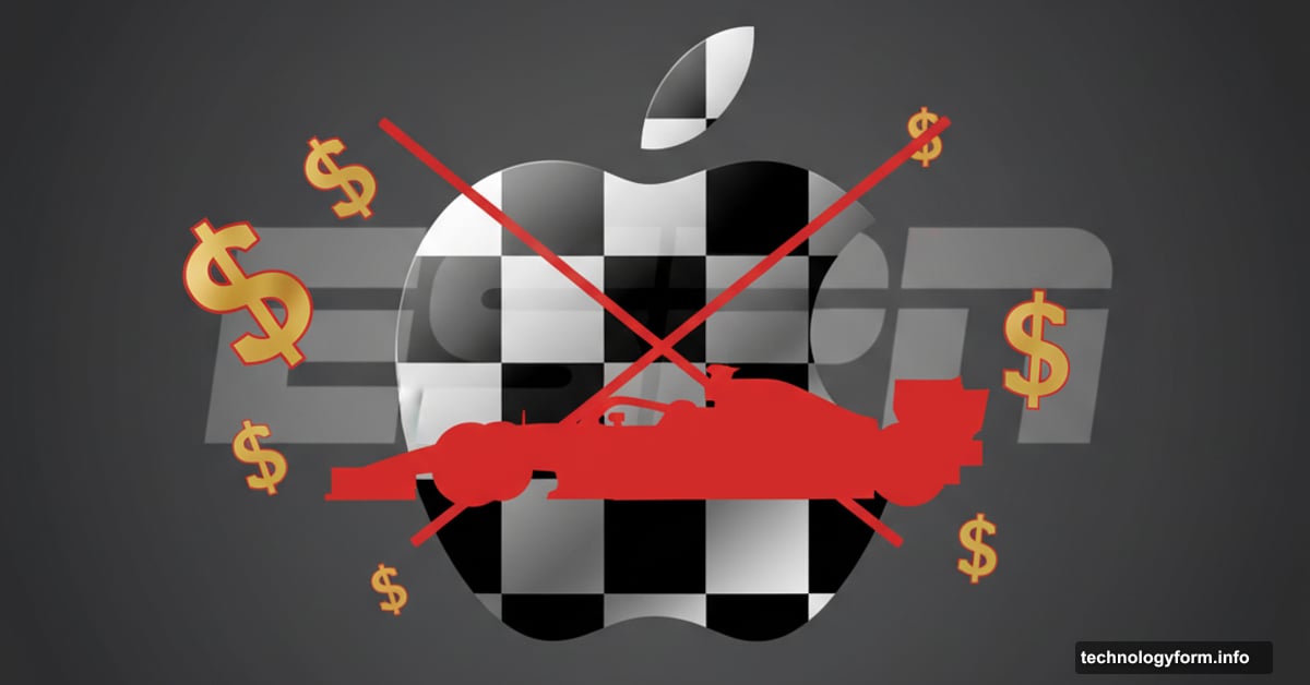 Apple logo with F1 race car overtaking faded ESPN branding