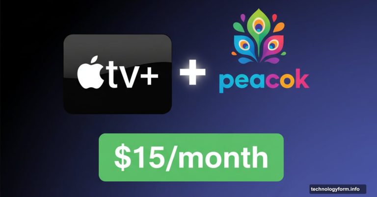 Apple TV and Peacock logos merging with fifteen dollar price tag