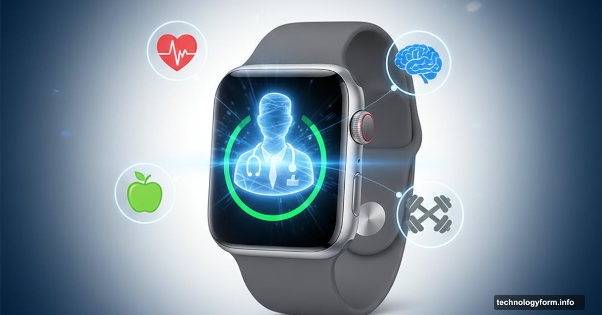 Apple Watch displaying AI health assistant hologram with medical symbols