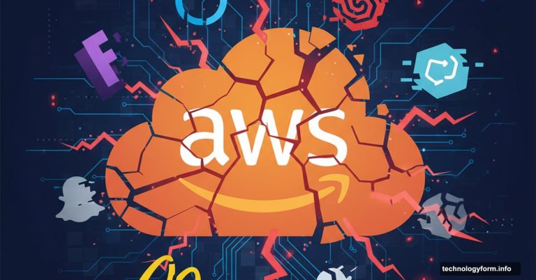 Broken AWS cloud logo surrounded by affected service icons like Fortnite and Alexa