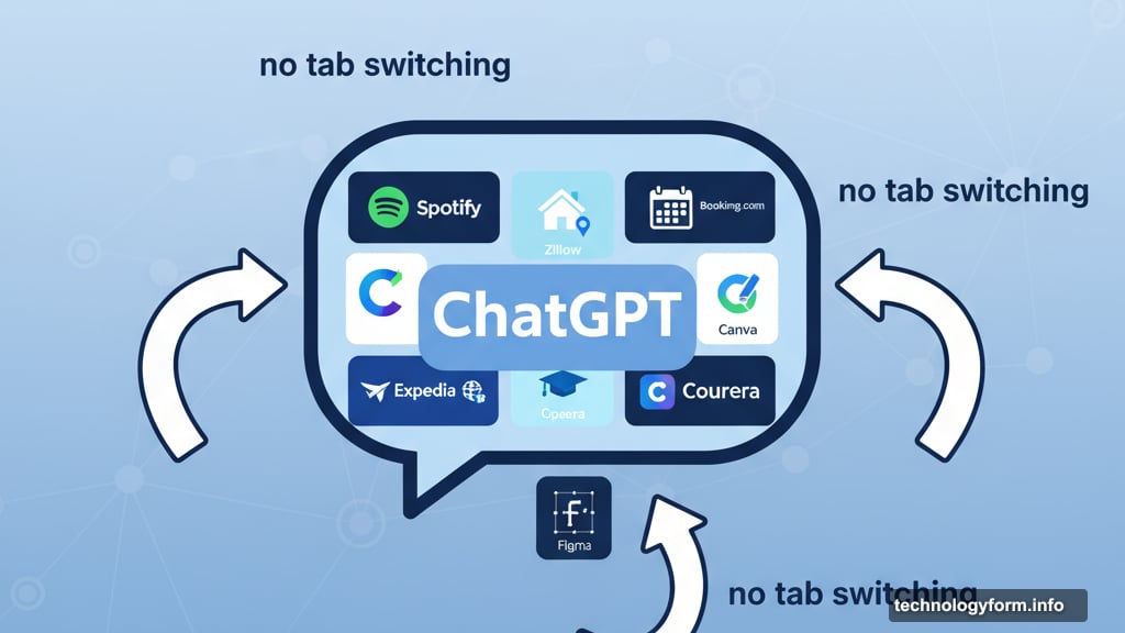 Third-party apps run natively within ChatGPT's interface without switching windows