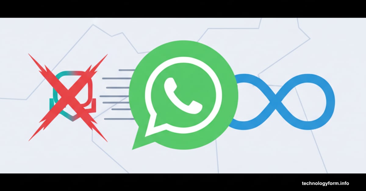 ChatGPT logo being ejected from WhatsApp logo with Meta looming