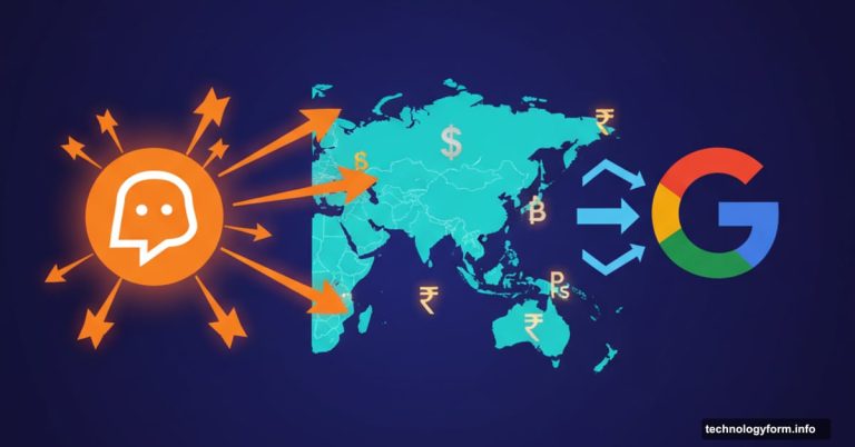 ChatGPT and Google logos facing off over glowing Asian map with currency symbols