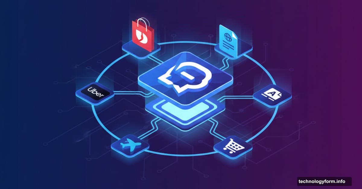 ChatGPT logo as central hub with orbiting third-party app icons
