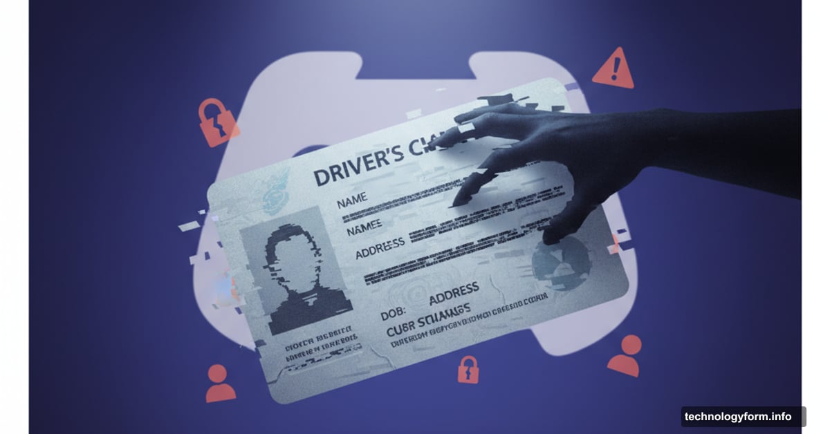 Government ID card being stolen by shadowy hand over Discord logo background