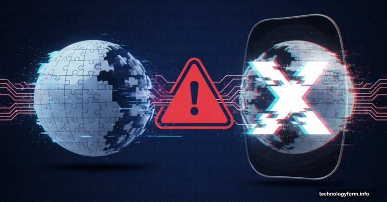 Cracked Wikipedia globe versus glitching AI-powered mirror reflection with warning symbol
