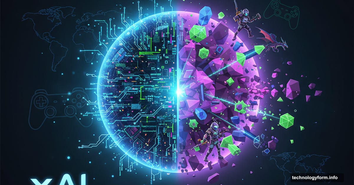 xAI artificial intelligence brain generating immersive 3D video game worlds