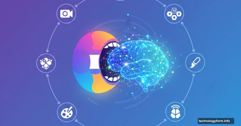Figma logo absorbing AI brain surrounded by creative workflow nodes