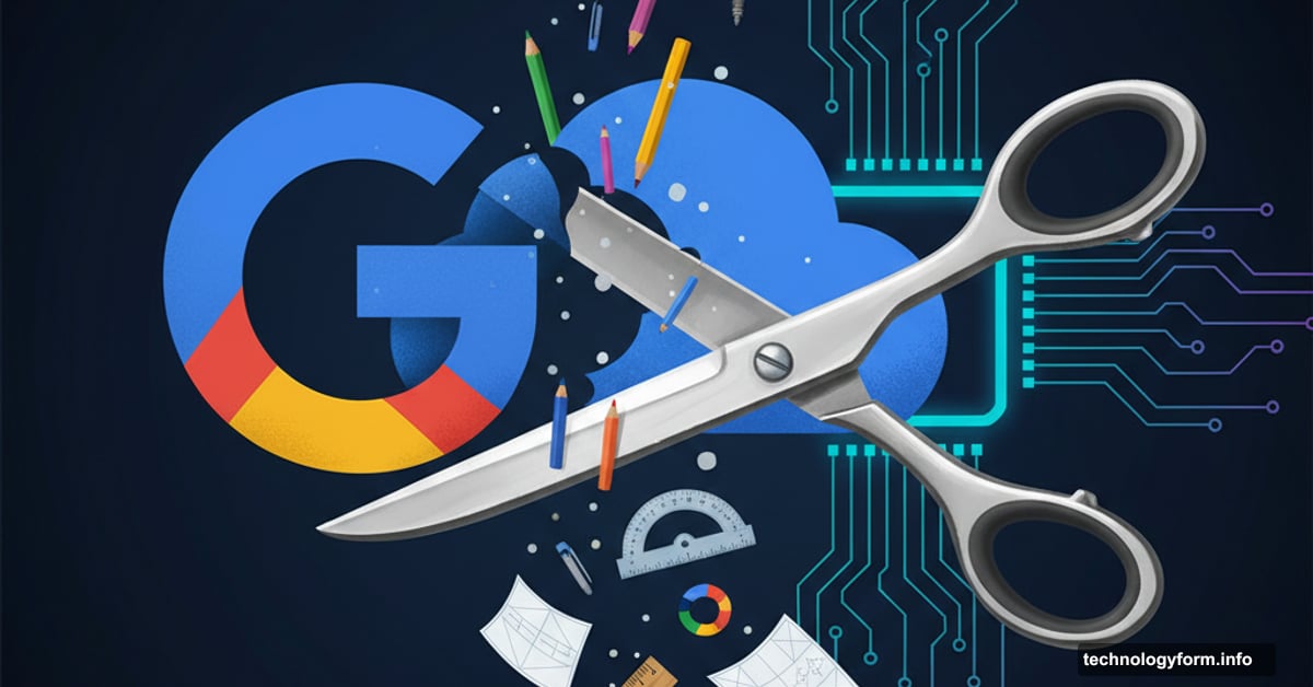 Google Cloud logo being cut by scissors with design tools falling away