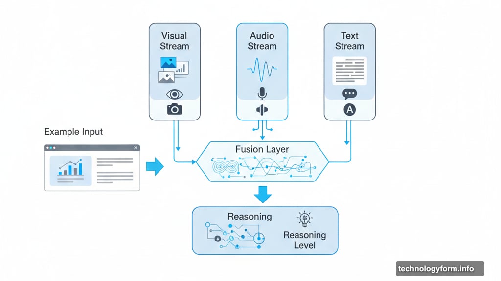 Multi-tower architecture processes visual audio text streams then fuses reasoning