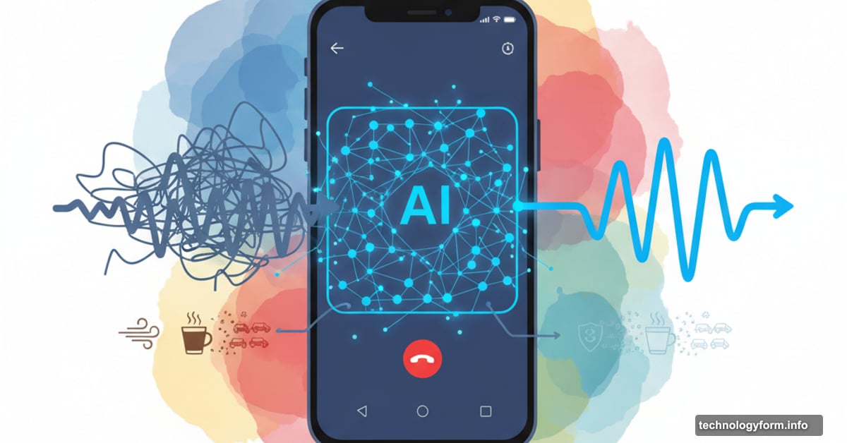 Smartphone with AI neural network filtering noisy sound waves into clean audio