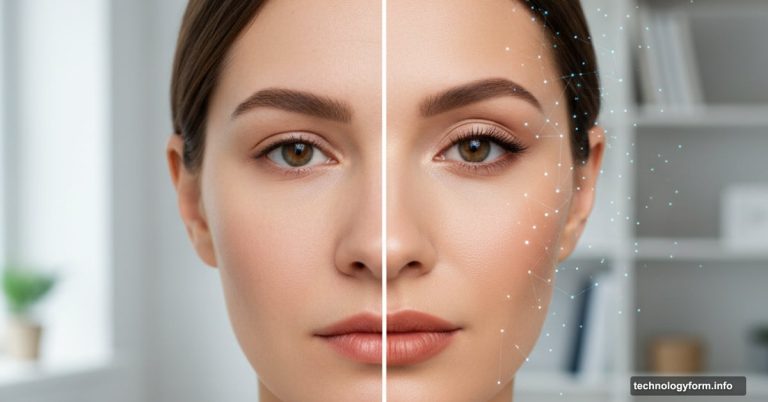 Google Meet video call showing face with virtual AI makeup transformation
