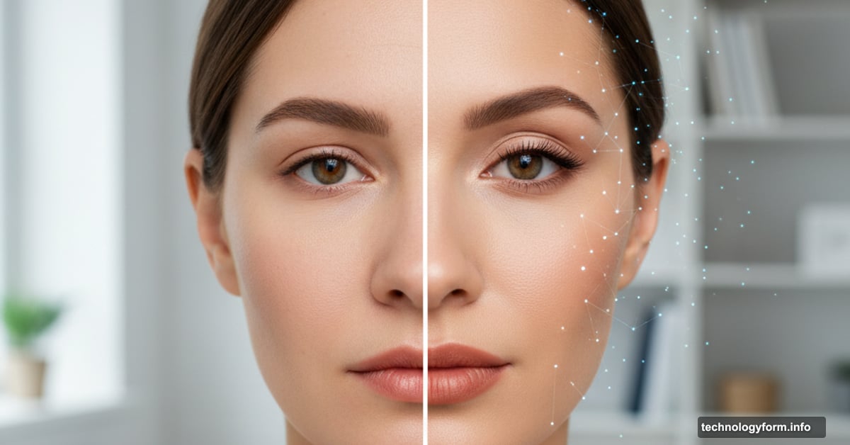 Google Meet video call showing face with virtual AI makeup transformation