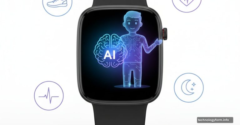 Fitbit smartwatch displaying glowing AI brain with holographic fitness coach