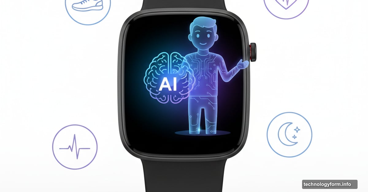 Fitbit smartwatch displaying glowing AI brain with holographic fitness coach