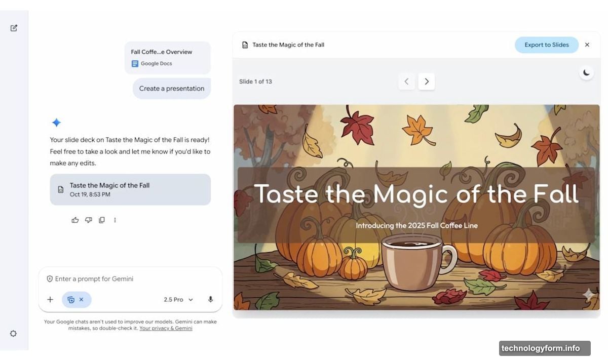 Gemini analyzes source material and transforms it into structured slides