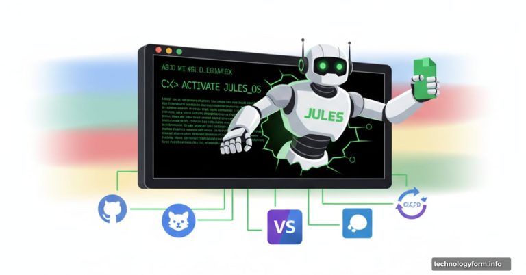 Jules AI agent emerging from terminal window connecting to developer tools