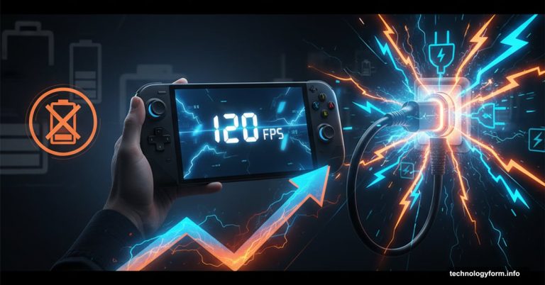 GPD Win 5 handheld gaming device plugged into power with performance metrics