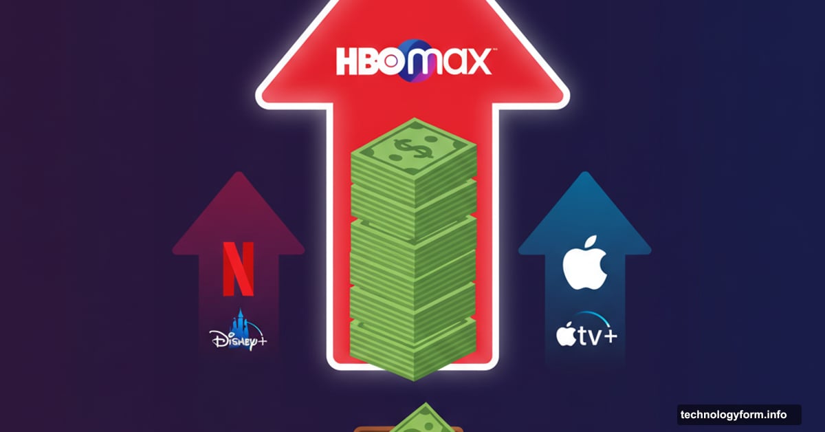 HBO Max logo with upward arrow piercing dollar bills symbolizing price increases