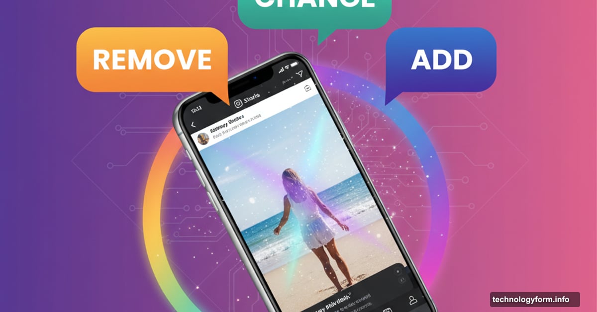 Instagram phone with AI text commands transforming Stories photos