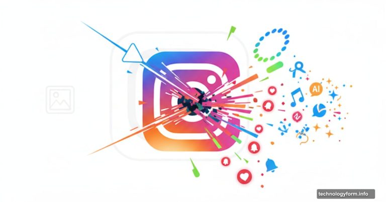 Instagram logo fragmenting into Reels, Stories, and content features pulling apart