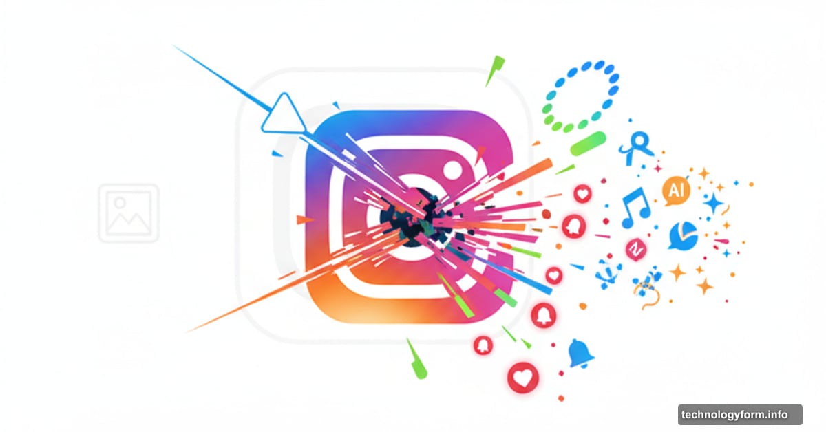 Instagram logo fragmenting into Reels, Stories, and content features pulling apart