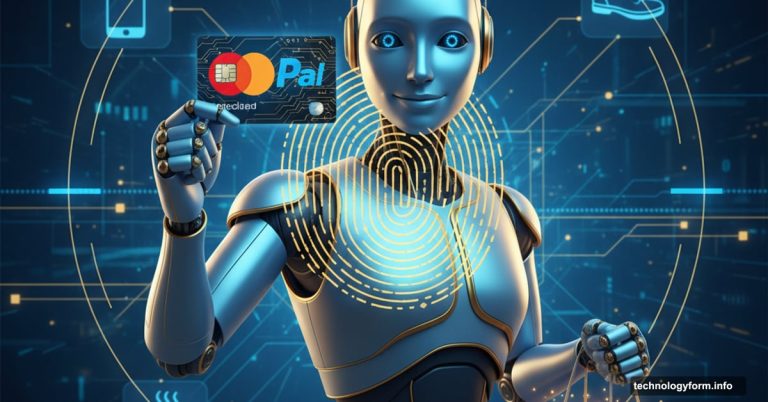AI robot holding credit card and shopping bag with security fingerprint overlay