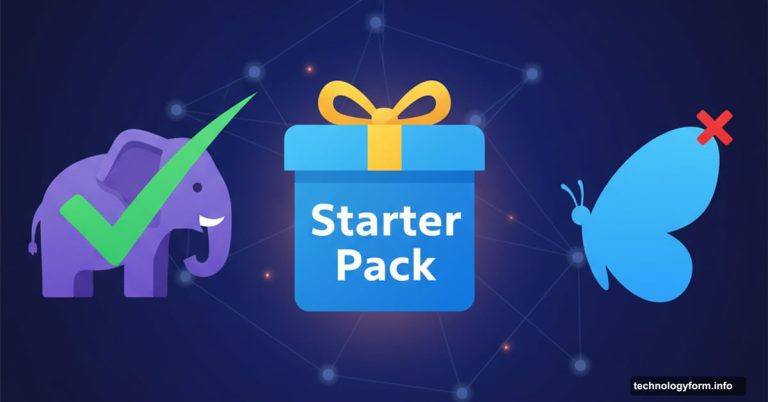 Mastodon and Bluesky logos with Starter Pack icon showing feature comparison
