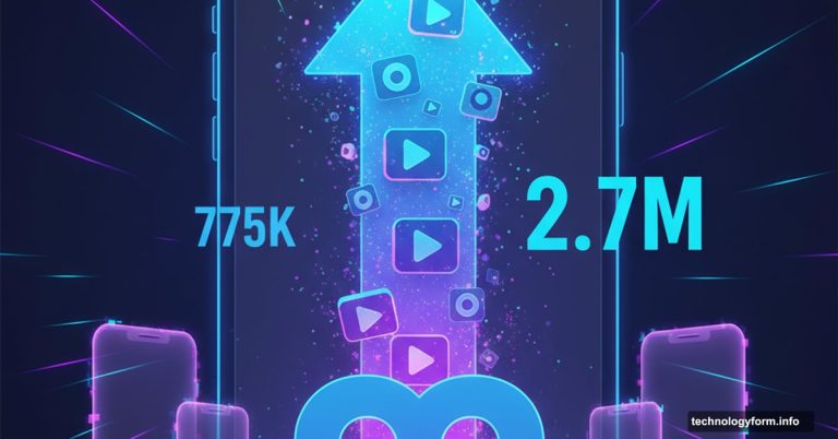 Meta AI logo with explosive upward arrow showing growth to 2.7 million users