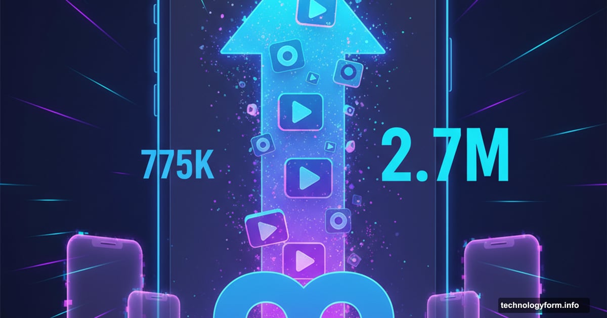 Meta AI logo with explosive upward arrow showing growth to 2.7 million users
