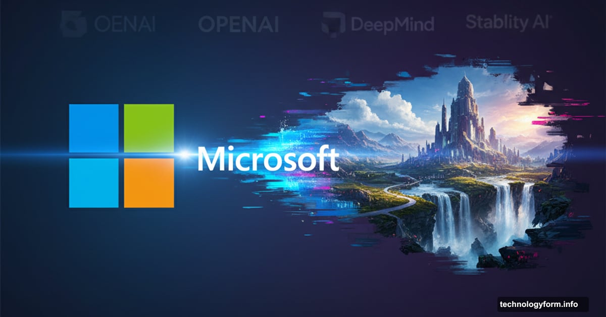 Microsoft logo generating stunning photorealistic image, emerging from tech giant independently