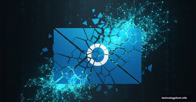 Outlook email logo cracking apart with AI circuitry emerging through