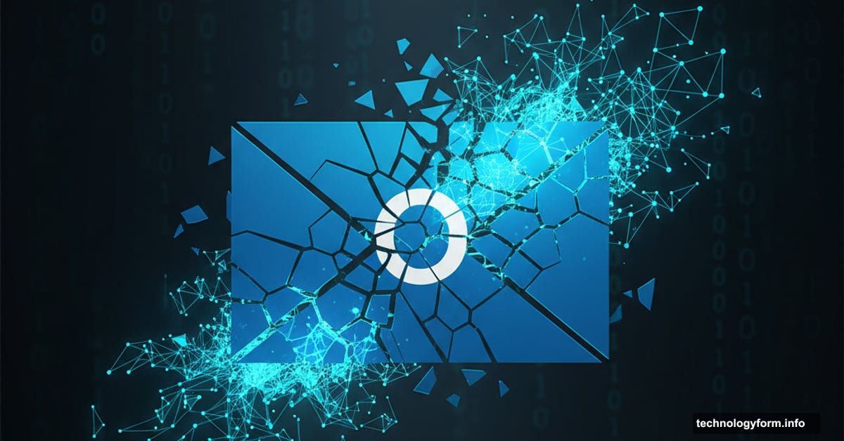 Outlook email logo cracking apart with AI circuitry emerging through