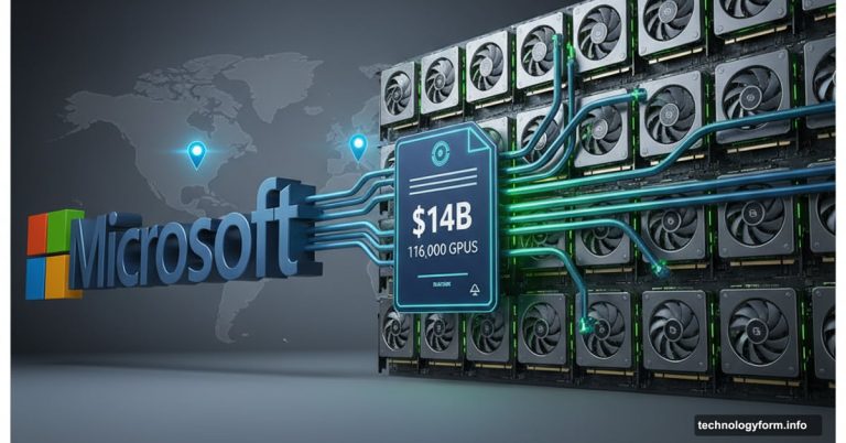 Microsoft logo connected to Nvidia GPU wall via fourteen billion dollar deal