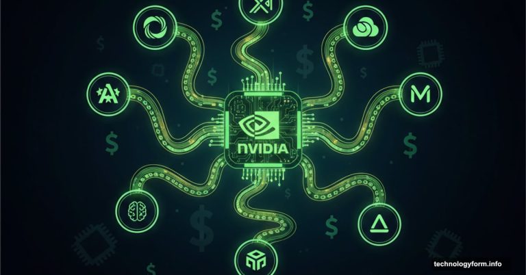 Nvidia logo at center with glowing connections to multiple AI startup logos