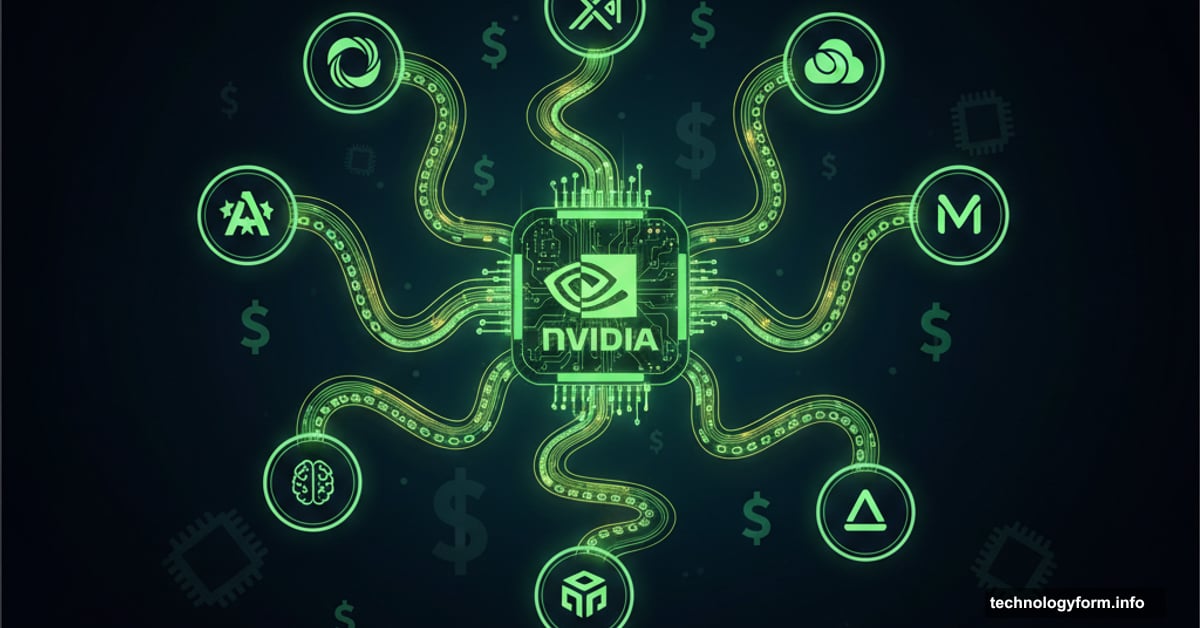 Nvidia logo at center with glowing connections to multiple AI startup logos