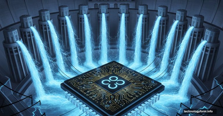 Giant AI chip powered by eighteen Hoover Dams representing OpenAI's massive infrastructure