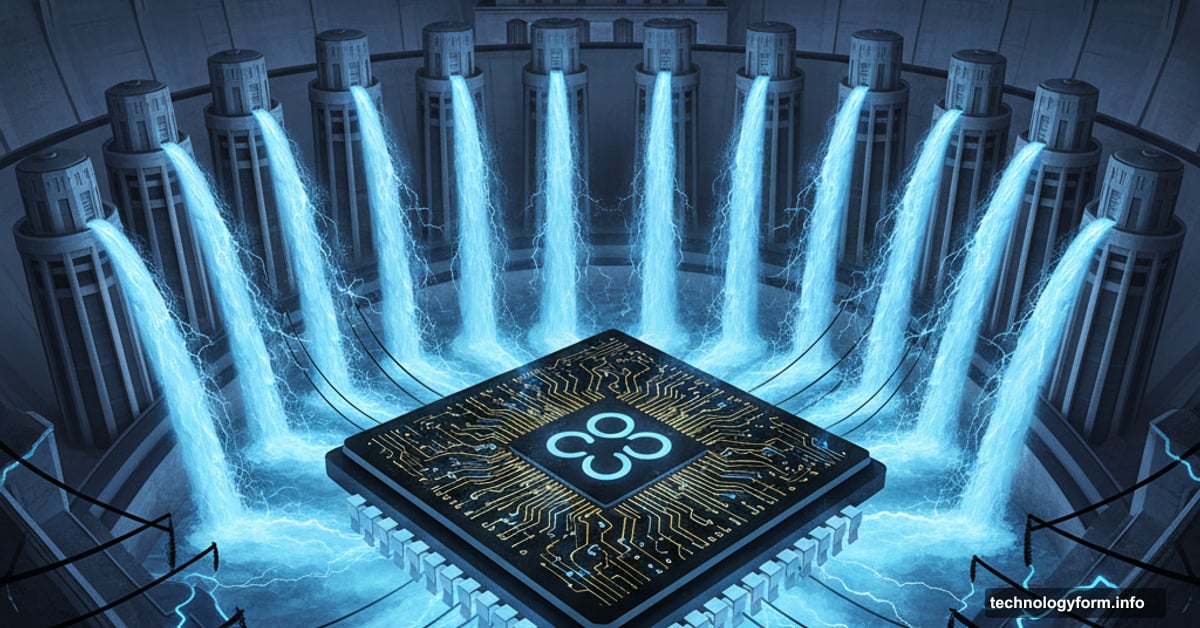 Giant AI chip powered by eighteen Hoover Dams representing OpenAI's massive infrastructure