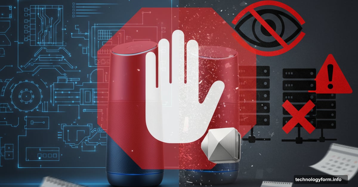 AI device blocked by stop barrier with privacy and infrastructure warnings