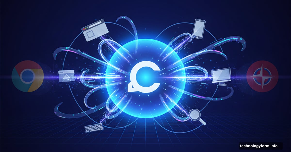 ChatGPT logo dominating center pulling browsers and devices into orbit