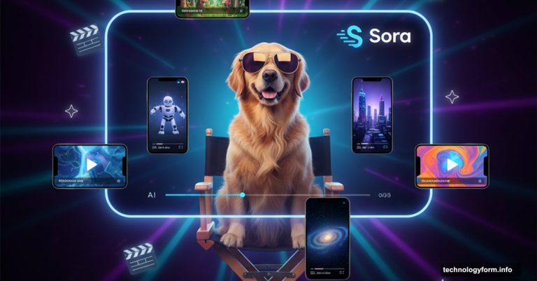 Dog in director chair surrounded by Sora AI video app screens