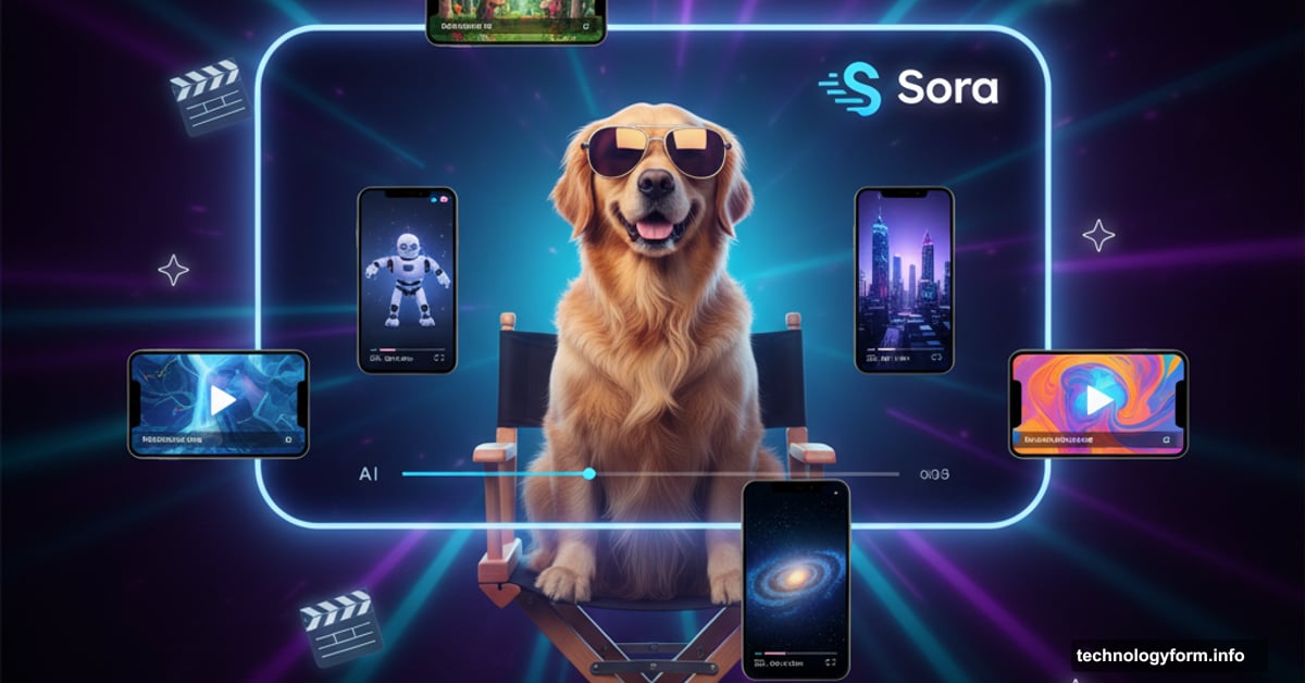 Dog in director chair surrounded by Sora AI video app screens
