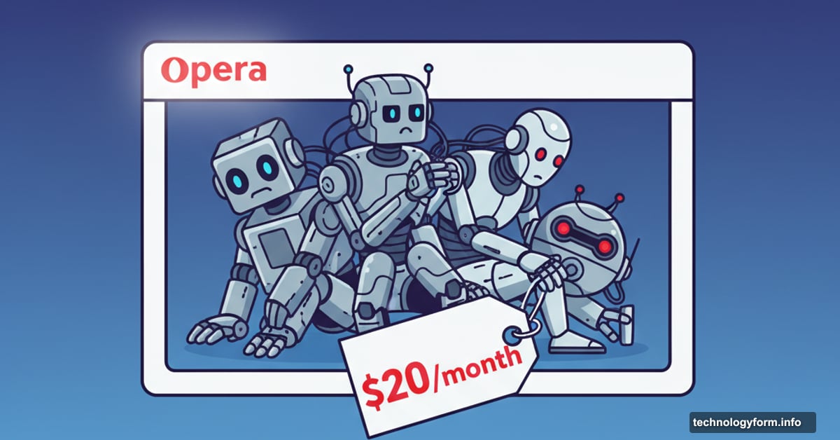 Opera browser with three crowded AI assistants and prominent $20 monthly price tag