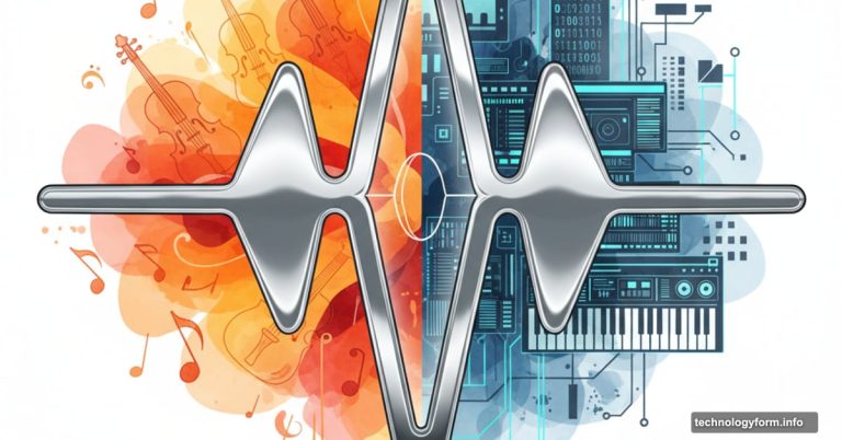Perfect but hollow AI music waveform contrasting human emotion